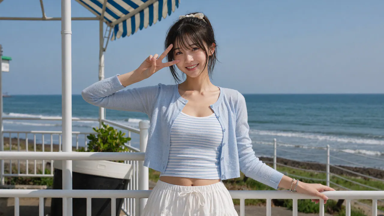 Riho smiling beside a seaside promenade railing