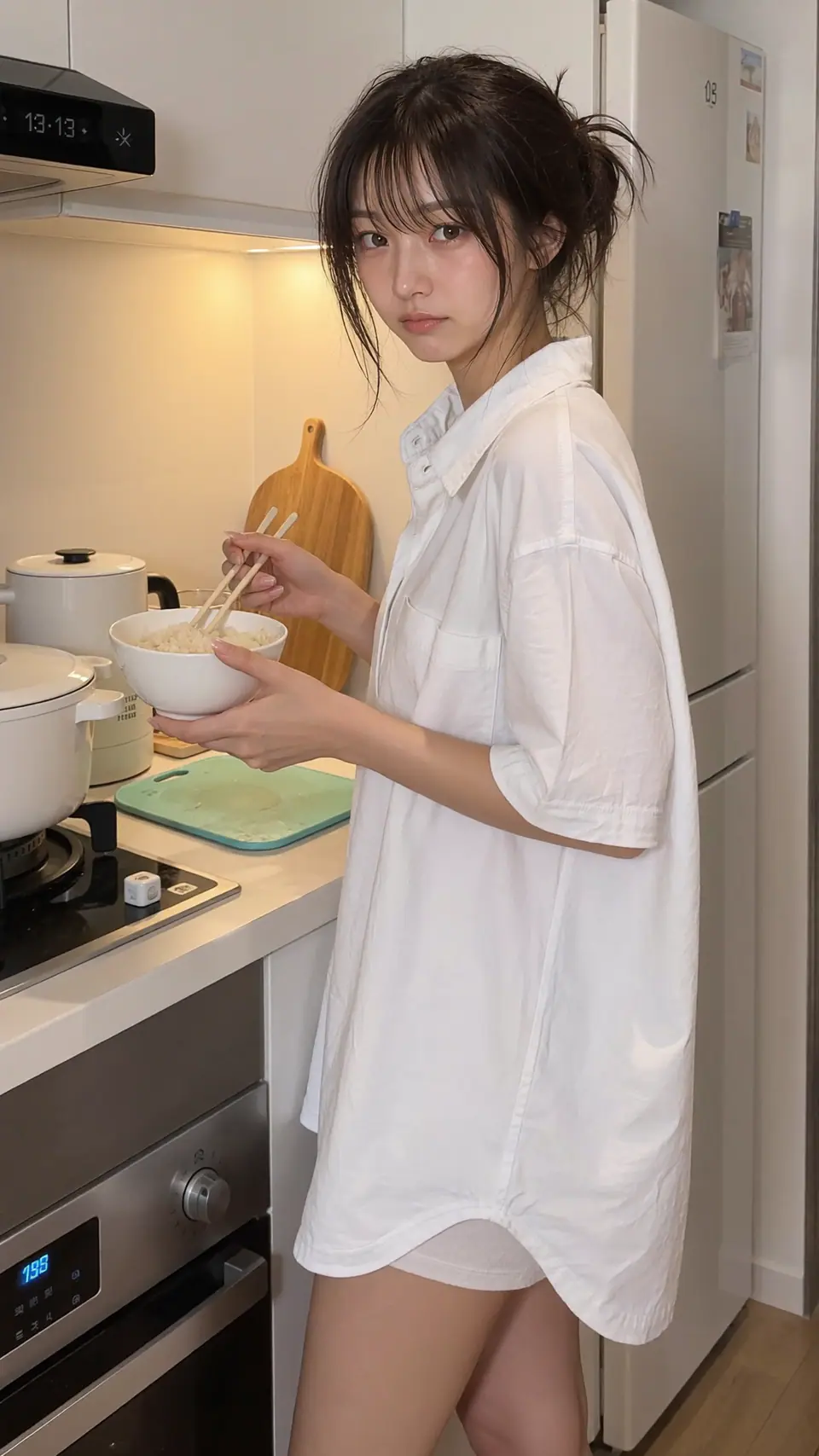 Riho in a kitchen holding a bowl of rice